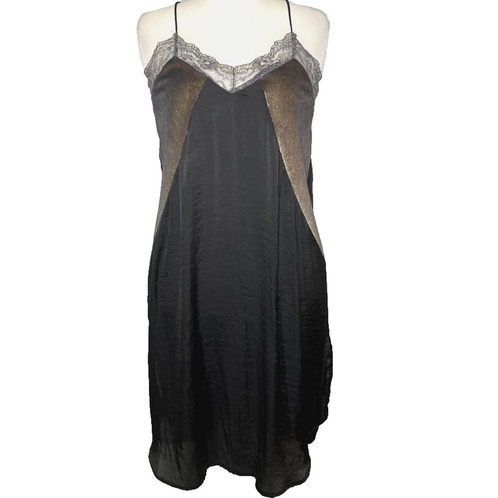 Zara Babydoll Slip Dress XL Vtg‎ Black Satin Gold Panels Lace Trim Y2K Witch New